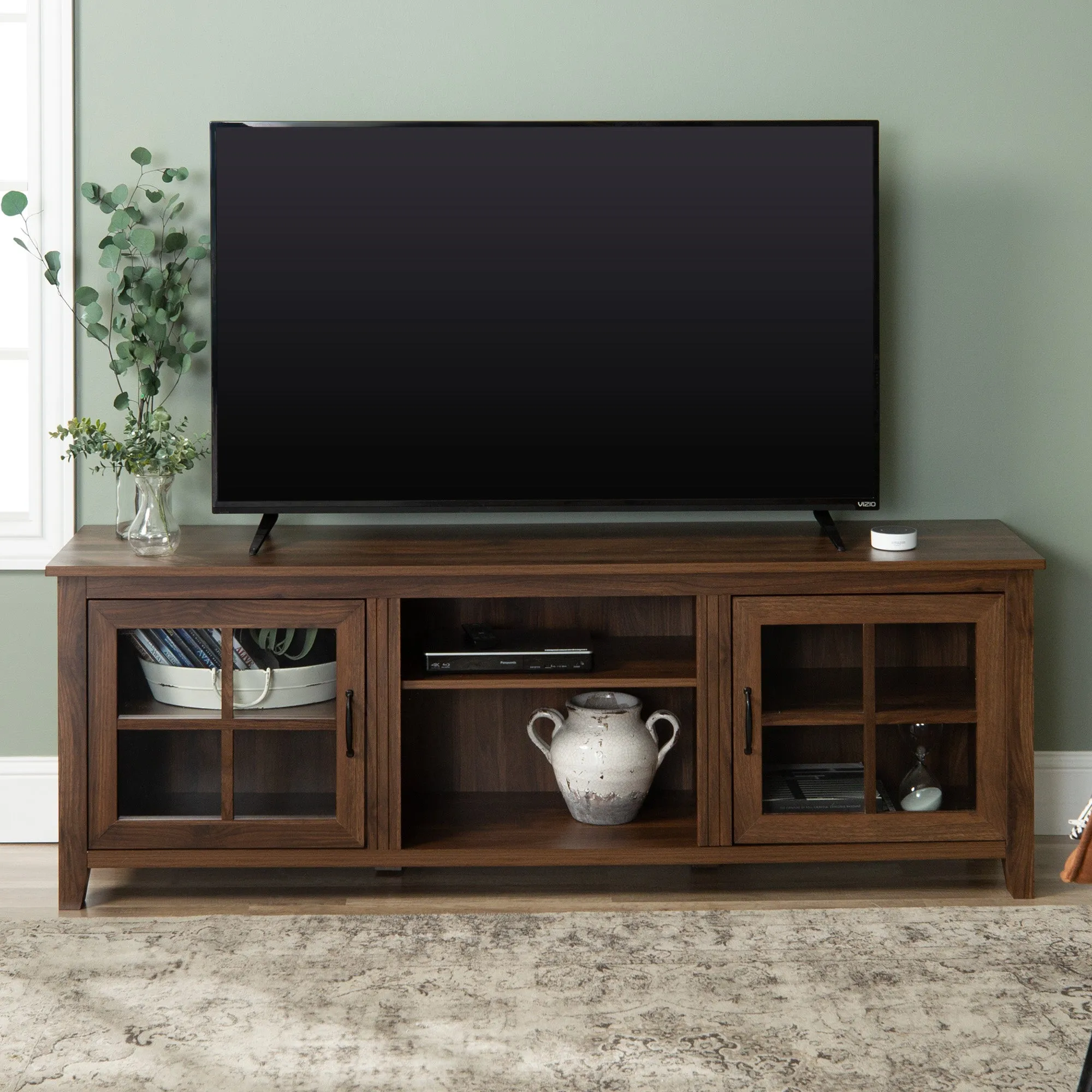 70" Farmhouse TV Stand with Window Pane Doors, Adjustable Shelves, and Stylish Entertainment Storage