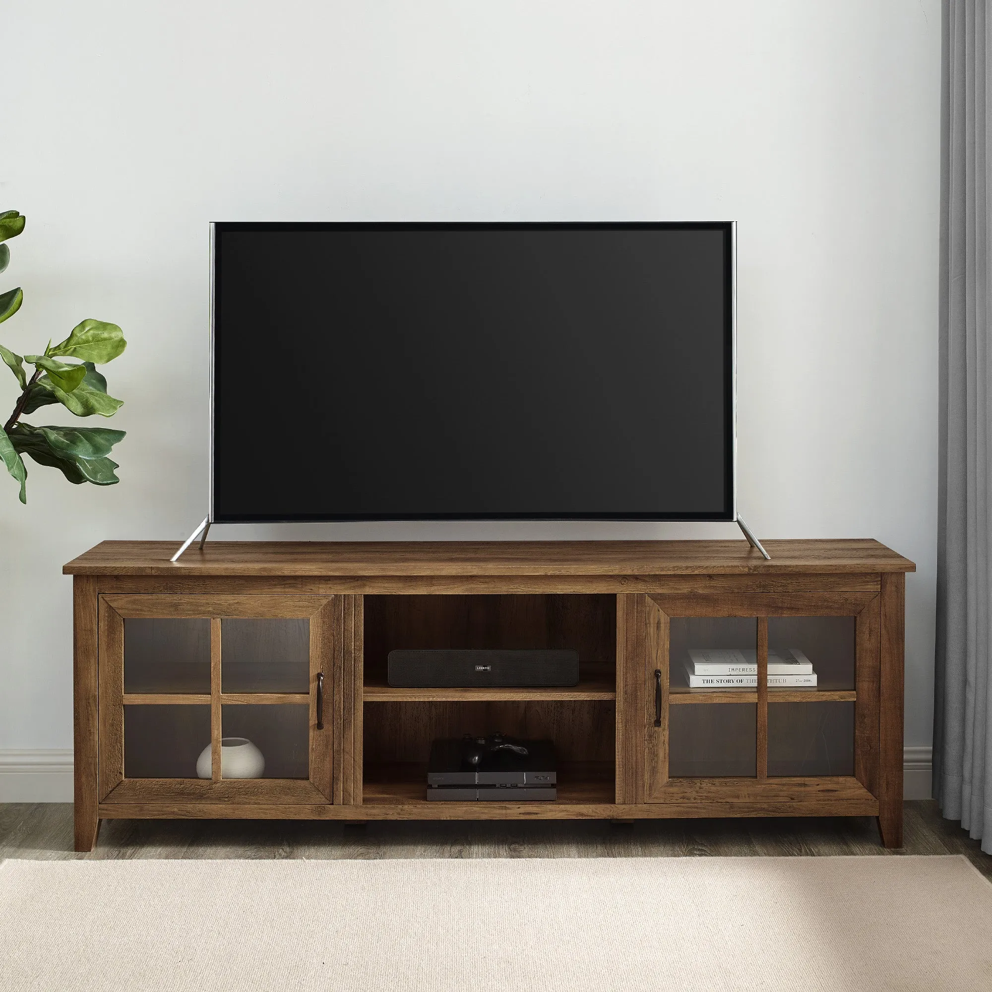 70" Farmhouse TV Stand with Window Pane Doors, Adjustable Shelves, and Stylish Entertainment Storage