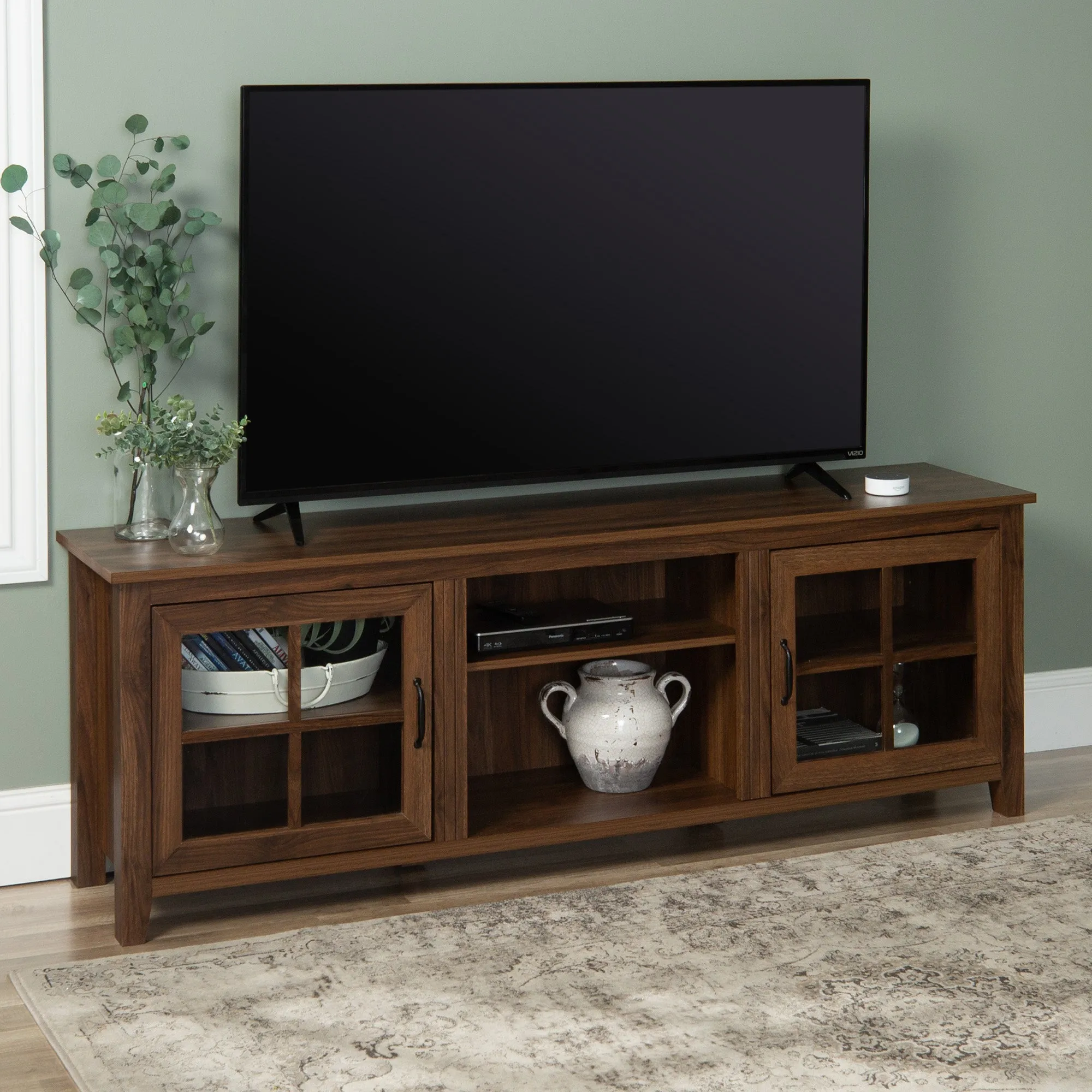 70" Farmhouse TV Stand with Window Pane Doors, Adjustable Shelves, and Stylish Entertainment Storage