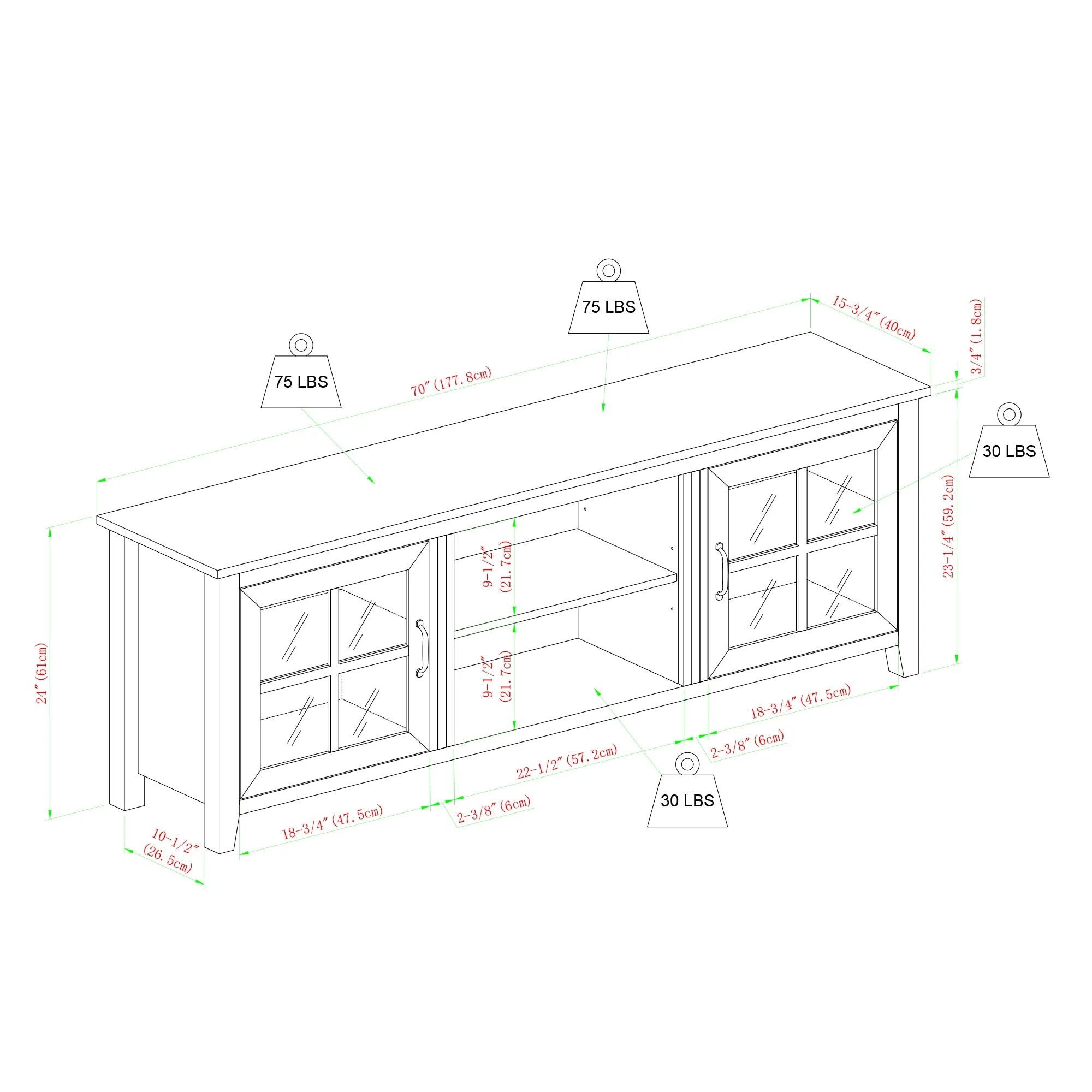 70" Farmhouse TV Stand with Window Pane Doors, Adjustable Shelves, and Stylish Entertainment Storage