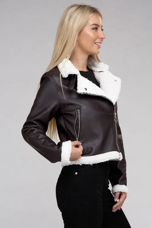 AMBIANCE APPAREL Trimmed  PU Jacket with Inside Plush