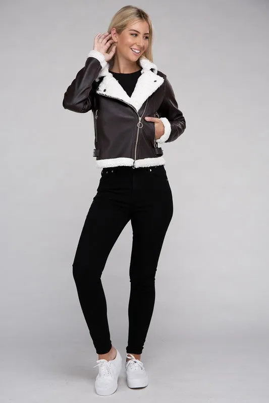 AMBIANCE APPAREL Trimmed  PU Jacket with Inside Plush