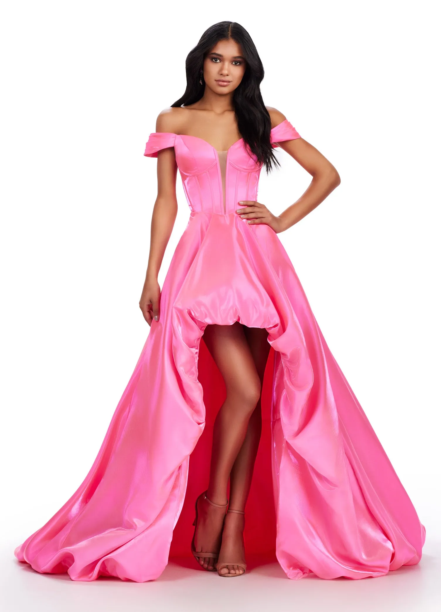 Ashley Lauren 11641 Long Prom Dress Off Shoulder High-Low Satin Gown Formal Pageant Gown