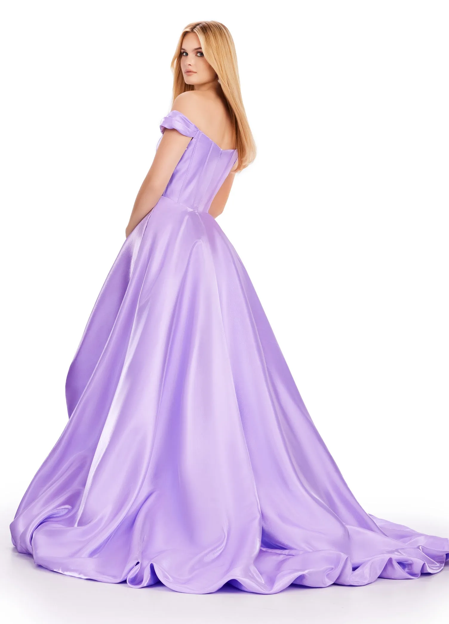 Ashley Lauren 11641 Long Prom Dress Off Shoulder High-Low Satin Gown Formal Pageant Gown