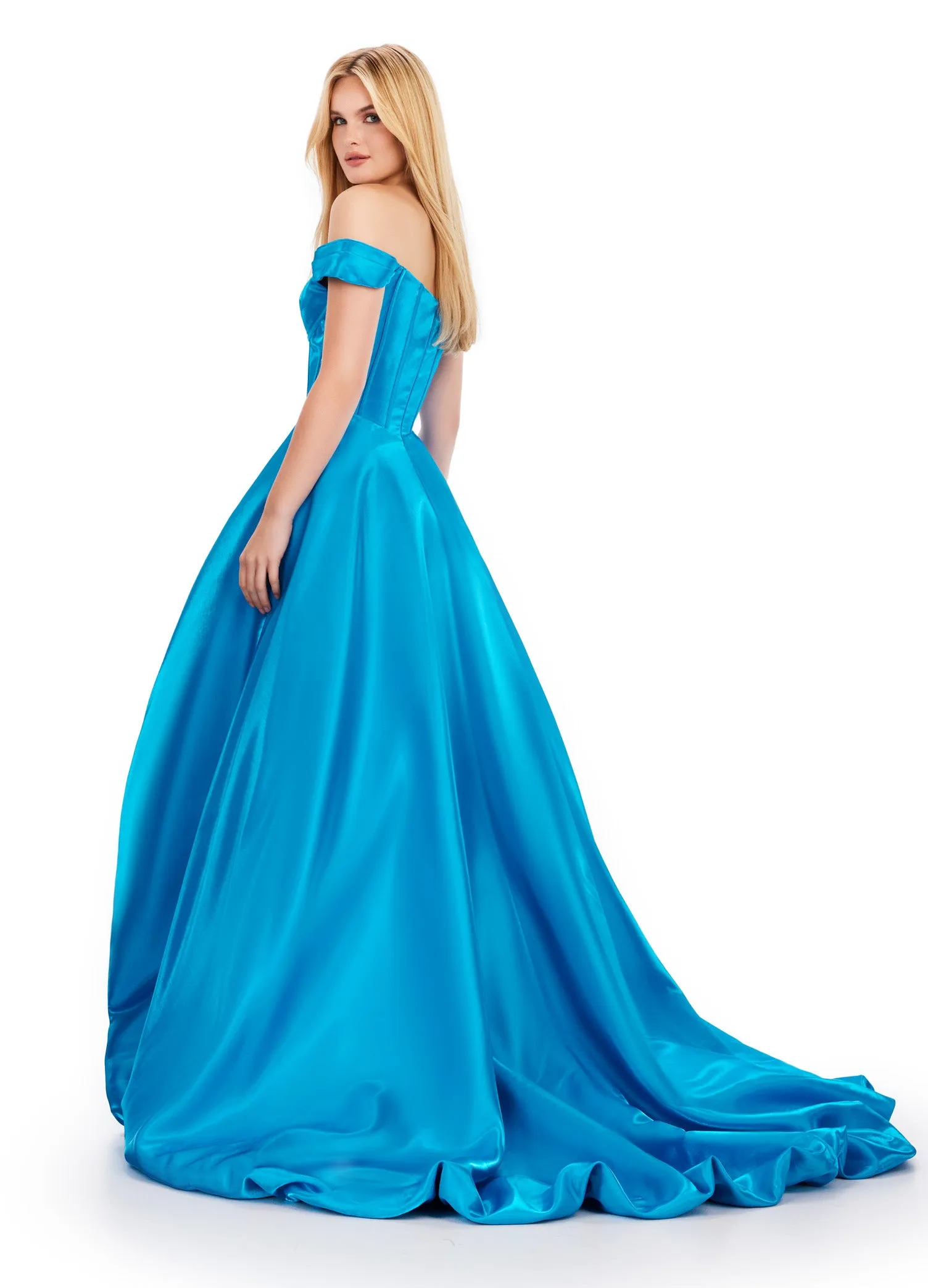 Ashley Lauren 11641 Long Prom Dress Off Shoulder High-Low Satin Gown Formal Pageant Gown