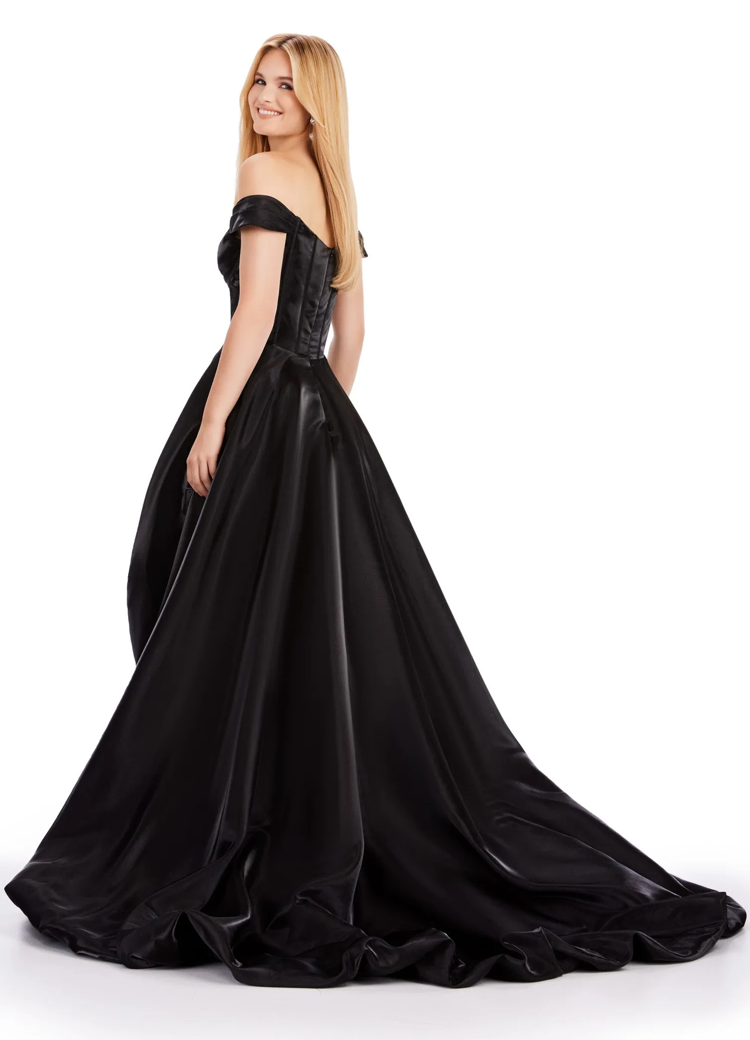 Ashley Lauren 11641 Long Prom Dress Off Shoulder High-Low Satin Gown Formal Pageant Gown