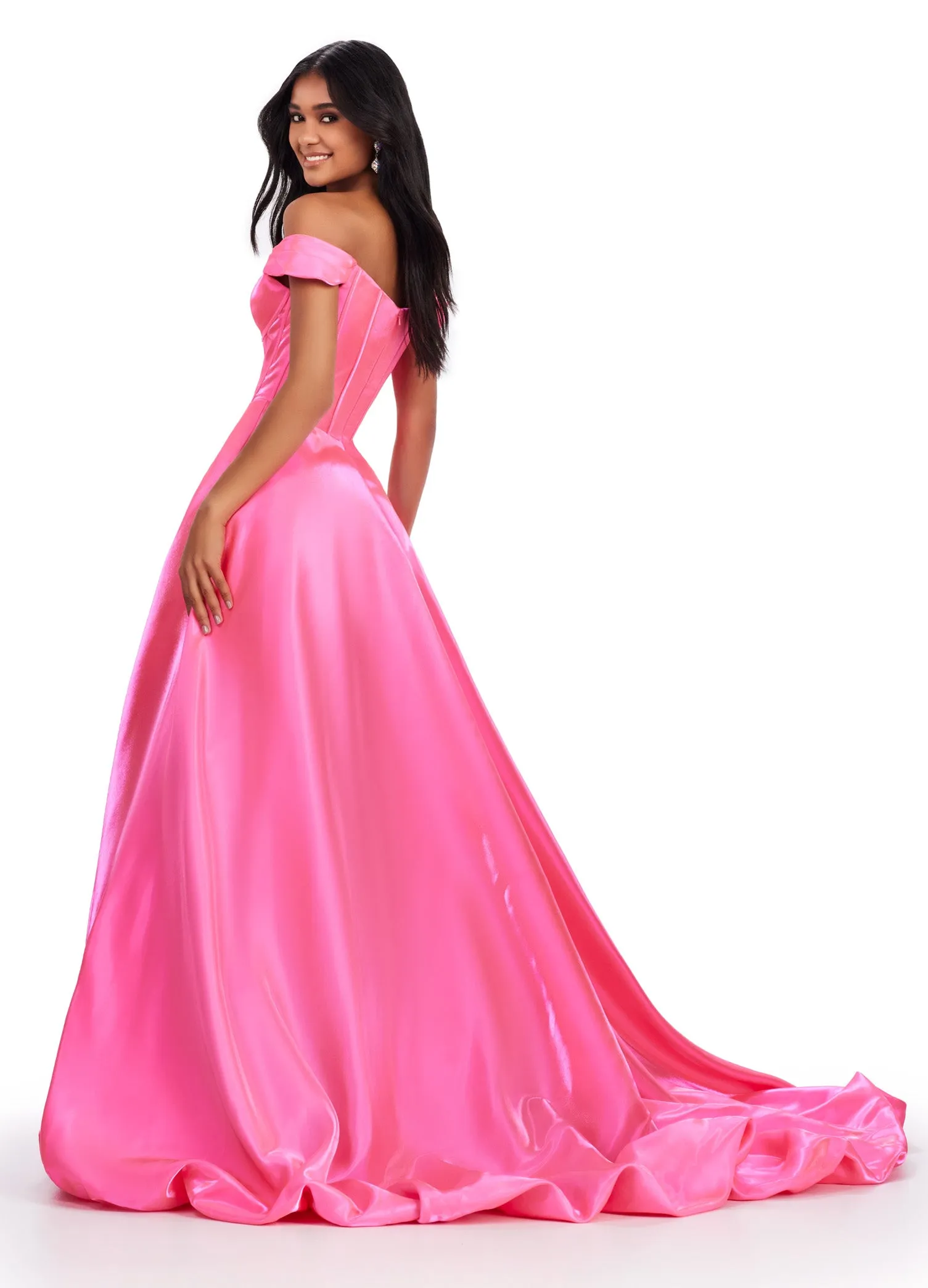 Ashley Lauren 11641 Long Prom Dress Off Shoulder High-Low Satin Gown Formal Pageant Gown