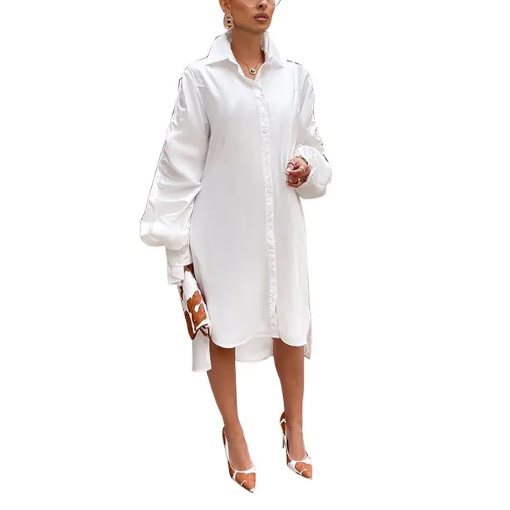 Asymmetrical Lantern Sleeve Loose Single Button Shirt Dress