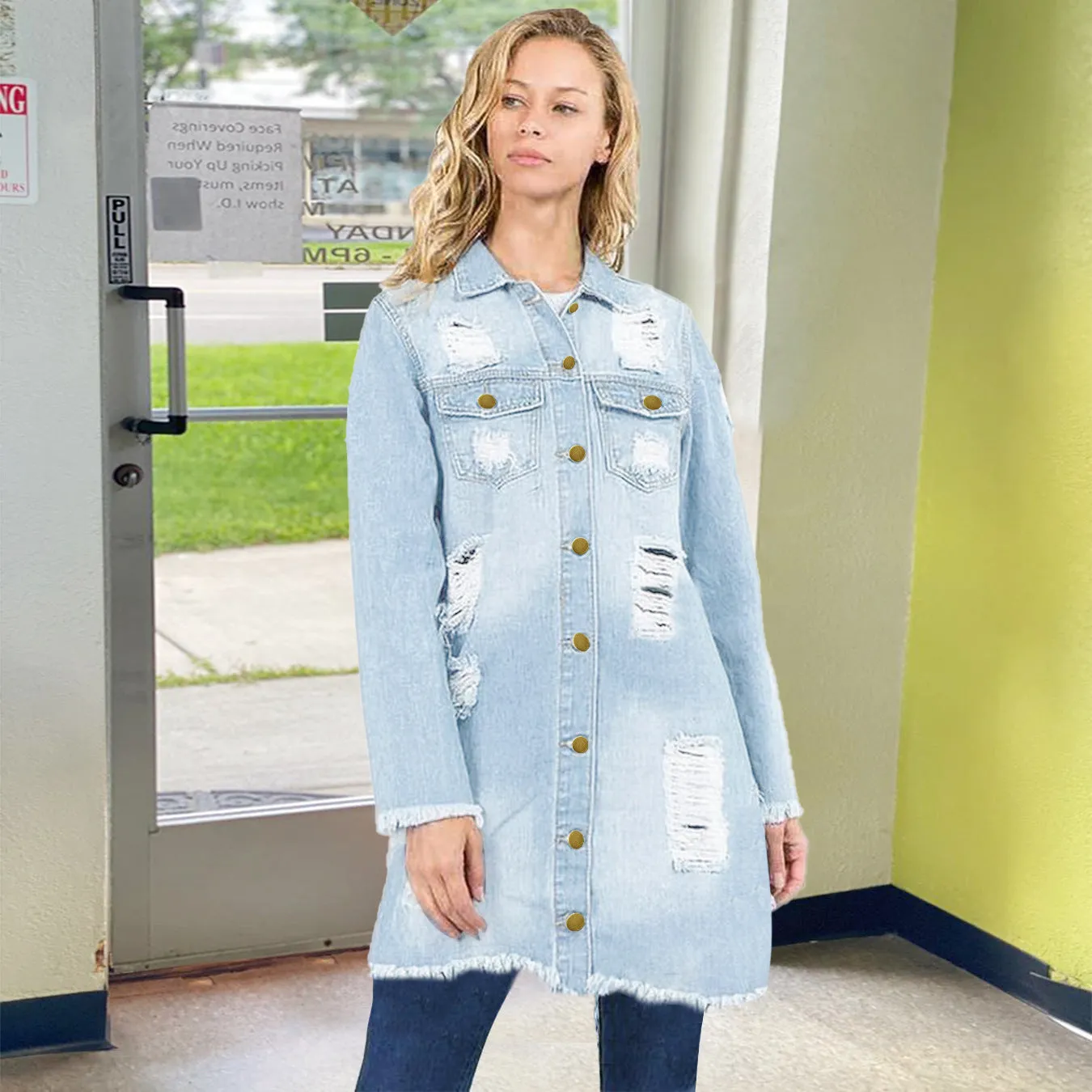 Back Ripped Mid Length Ladies Denim Outerwear Wholesale Jackets & Coats SOU164648