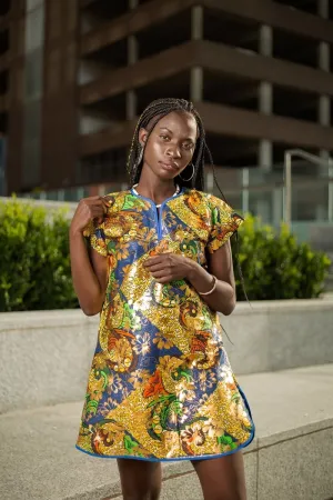 Beautiful African Print Dress In Metallic Gold