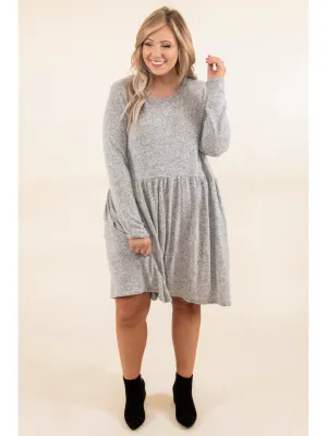 BEBOP Womens Gray Stretch Ribbed Pleated Pullover Long Sleeve Scoop Neck Short Baby Doll Dress