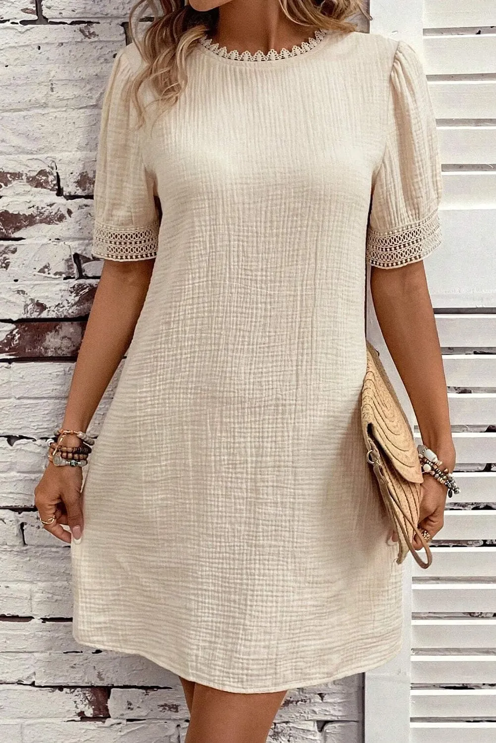 Beige Lace Trim Shift Mini Dress with Puff Sleeves