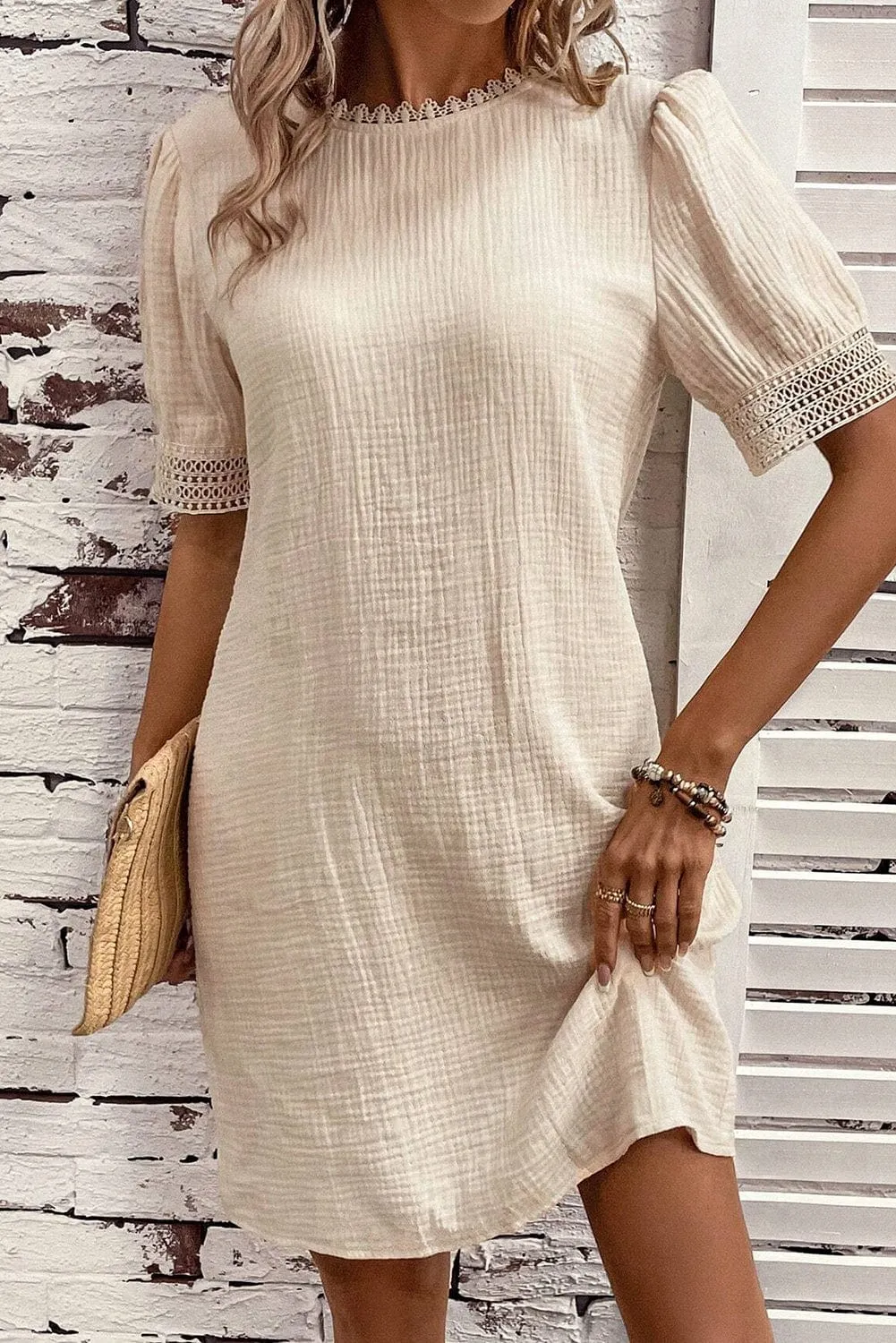 Beige Lace Trim Shift Mini Dress with Puff Sleeves