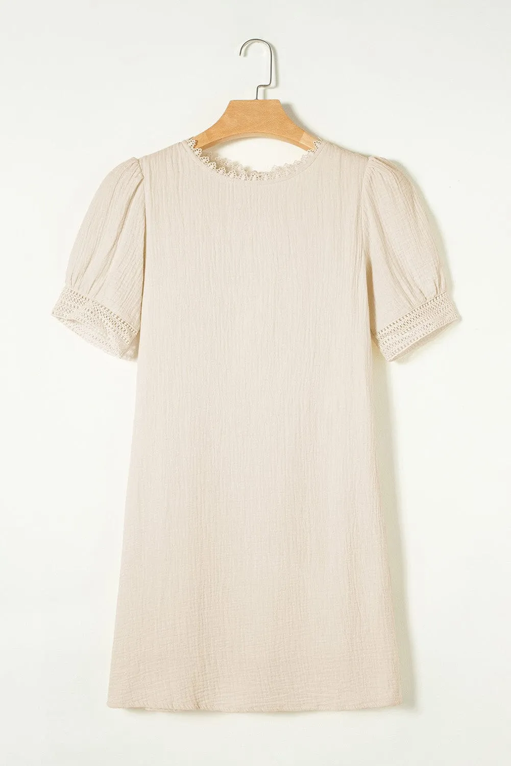 Beige Lace Trim Shift Mini Dress with Puff Sleeves