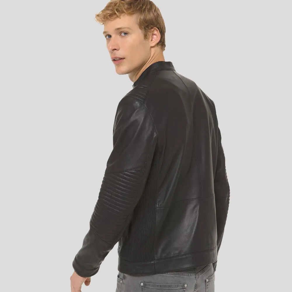 Claiborn Black Cafe Racer Leather Jacket for Men