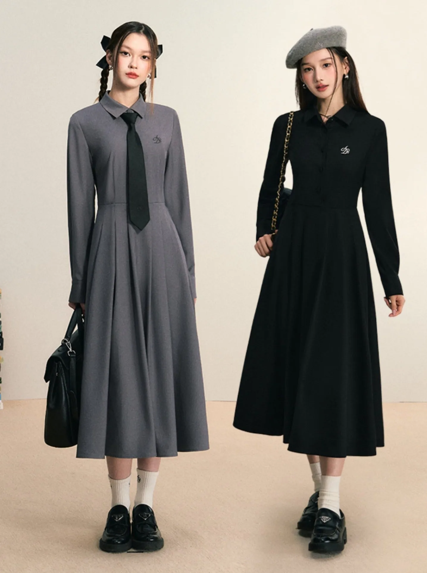 Classic Shirt Dress: Elegant Long-Sleeve Midi with Pleated Skirt