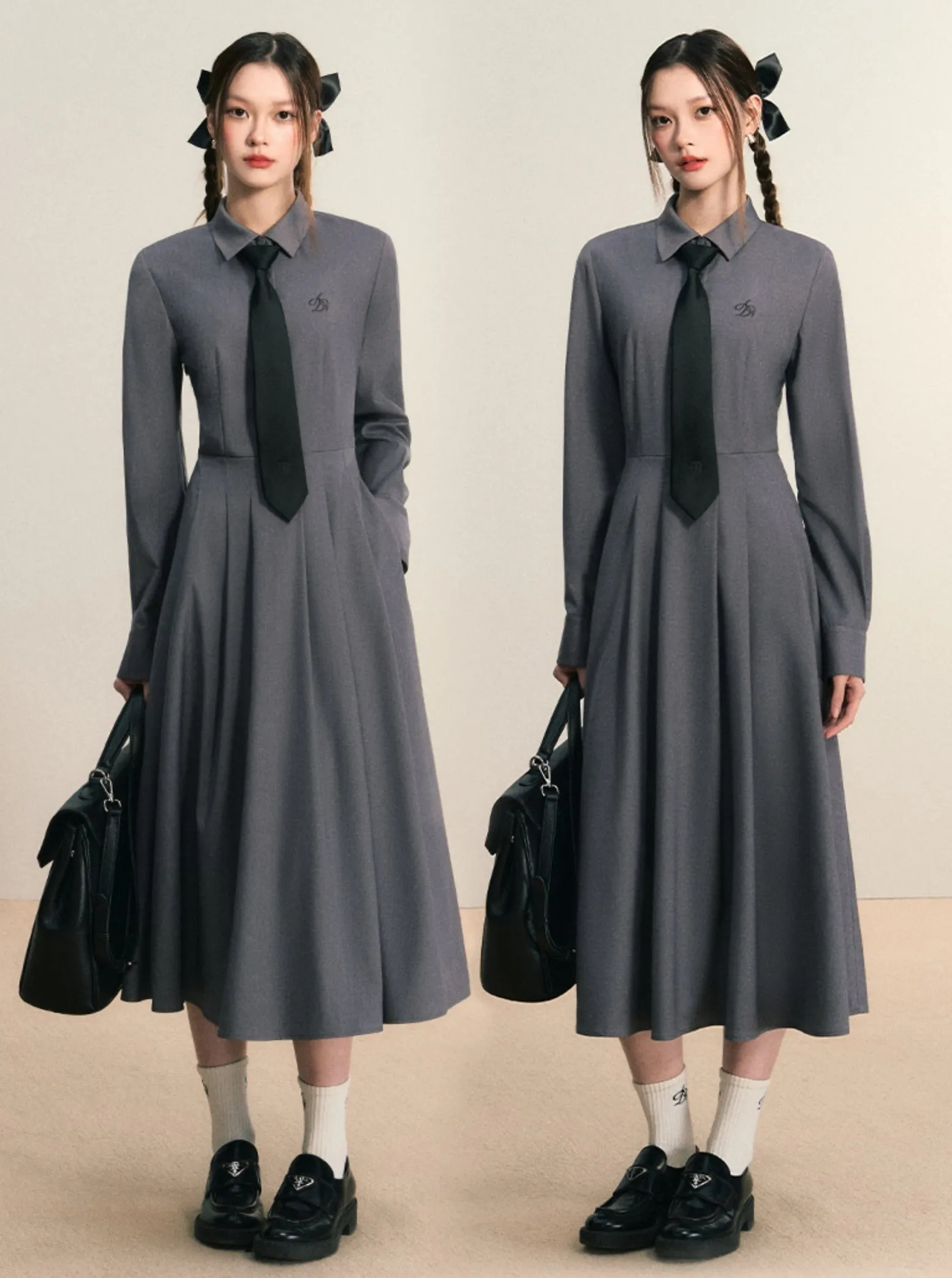 Classic Shirt Dress: Elegant Long-Sleeve Midi with Pleated Skirt