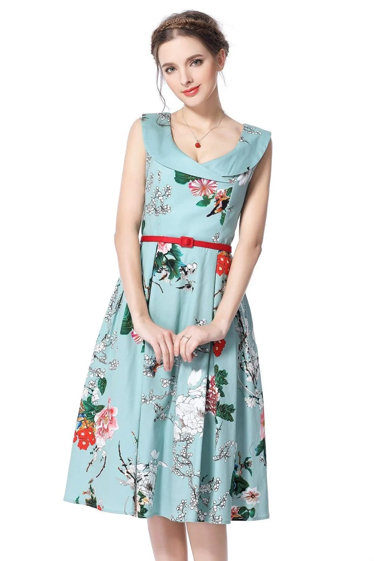 Cross Neck Mint Peony Garden Vintage Dress