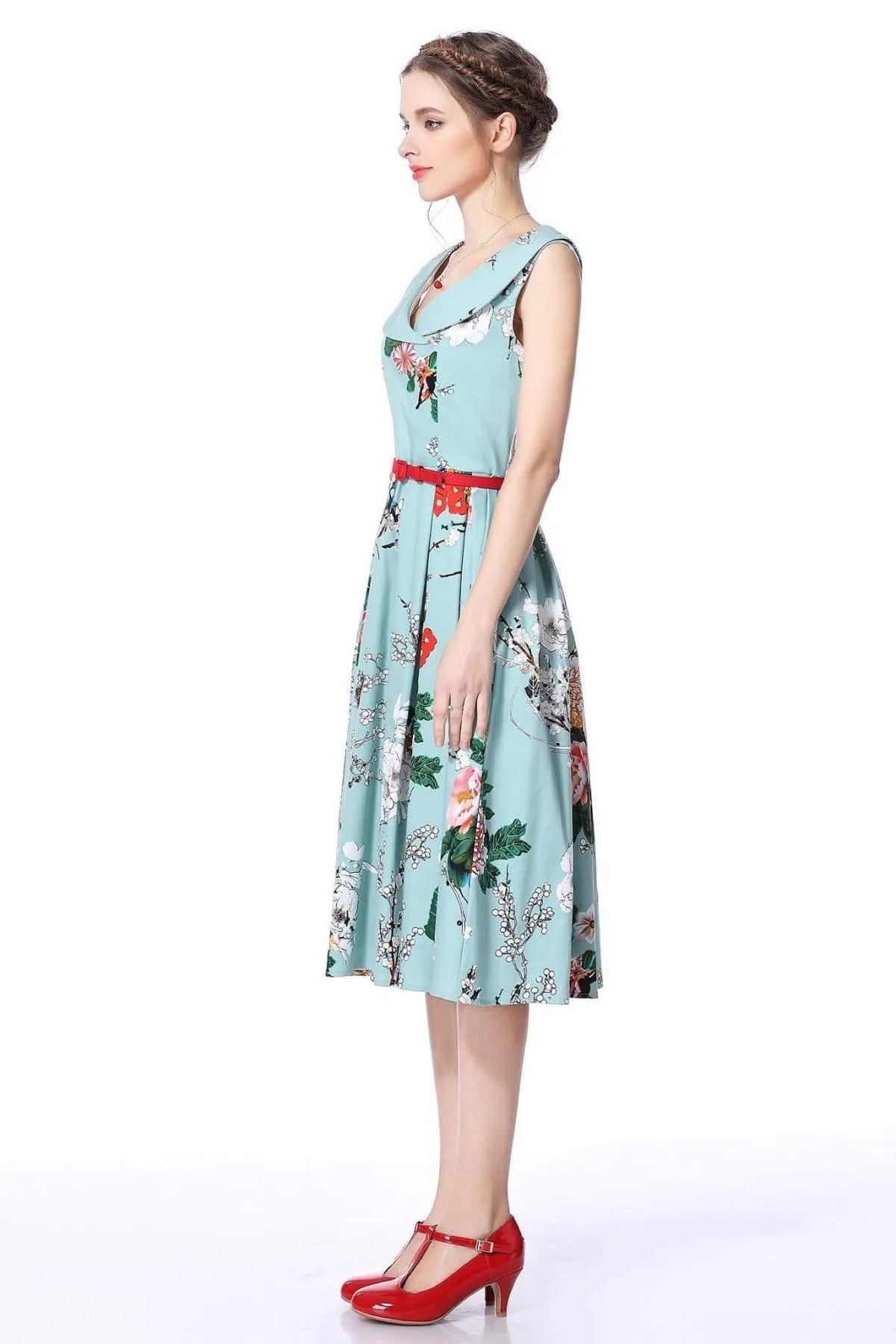 Cross Neck Mint Peony Garden Vintage Dress