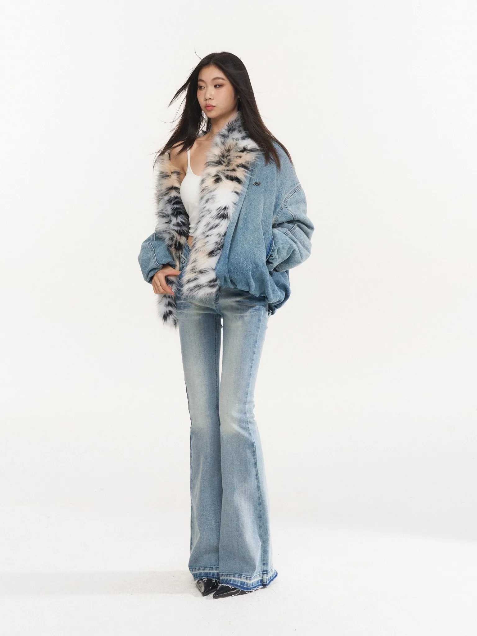 Denim Leopard-Print Fur Collar Jacket