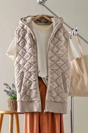 Diamond Quilted Front Zip Up Soft Hooded Vest