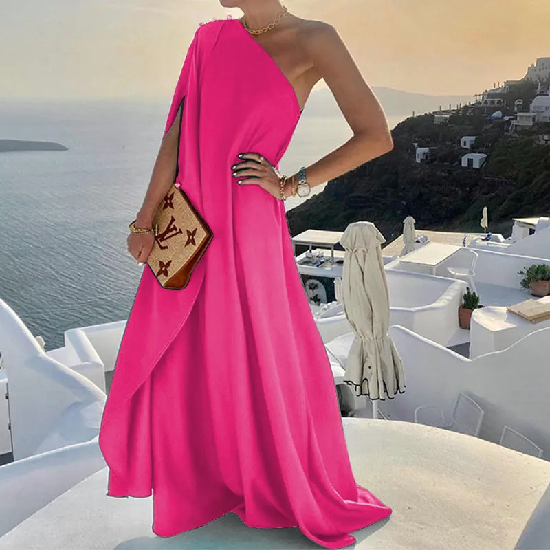 Elegant Solid Color Loose One-Shoulder Maxi Dress