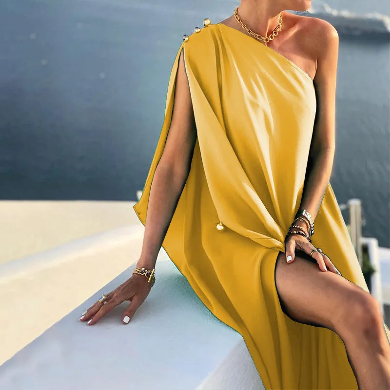 Elegant Solid Color Loose One-Shoulder Maxi Dress