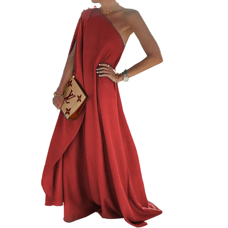 Elegant Solid Color Loose One-Shoulder Maxi Dress