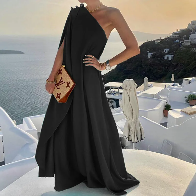 Elegant Solid Color Loose One-Shoulder Maxi Dress