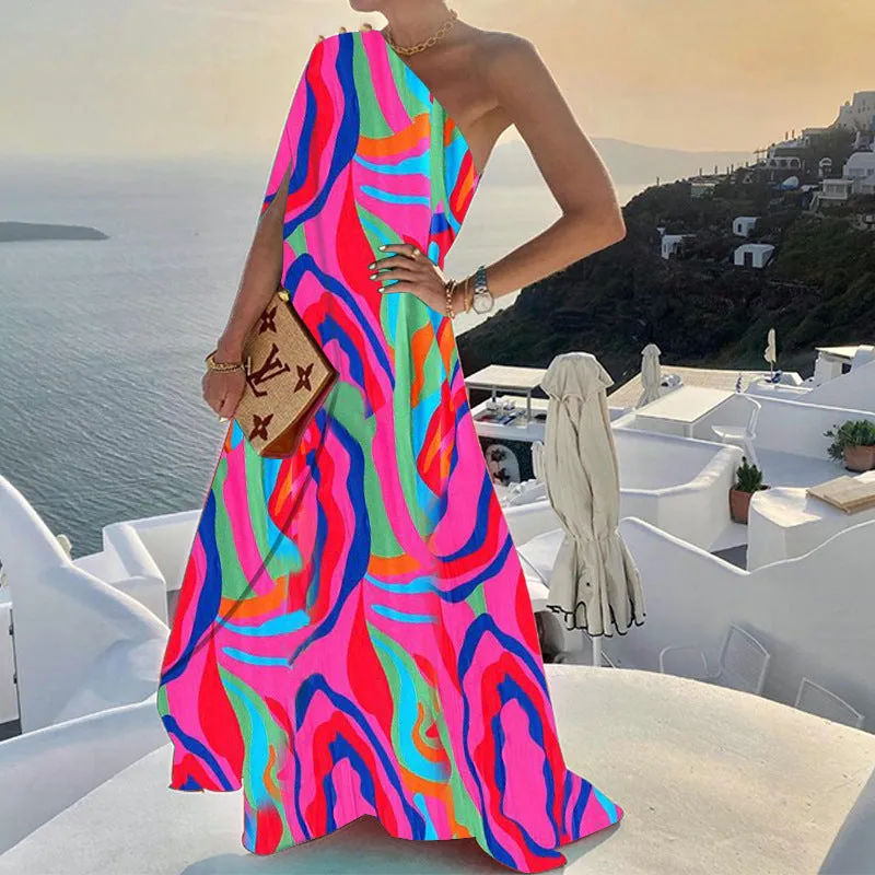 Elegant Solid Color Loose One-Shoulder Maxi Dress