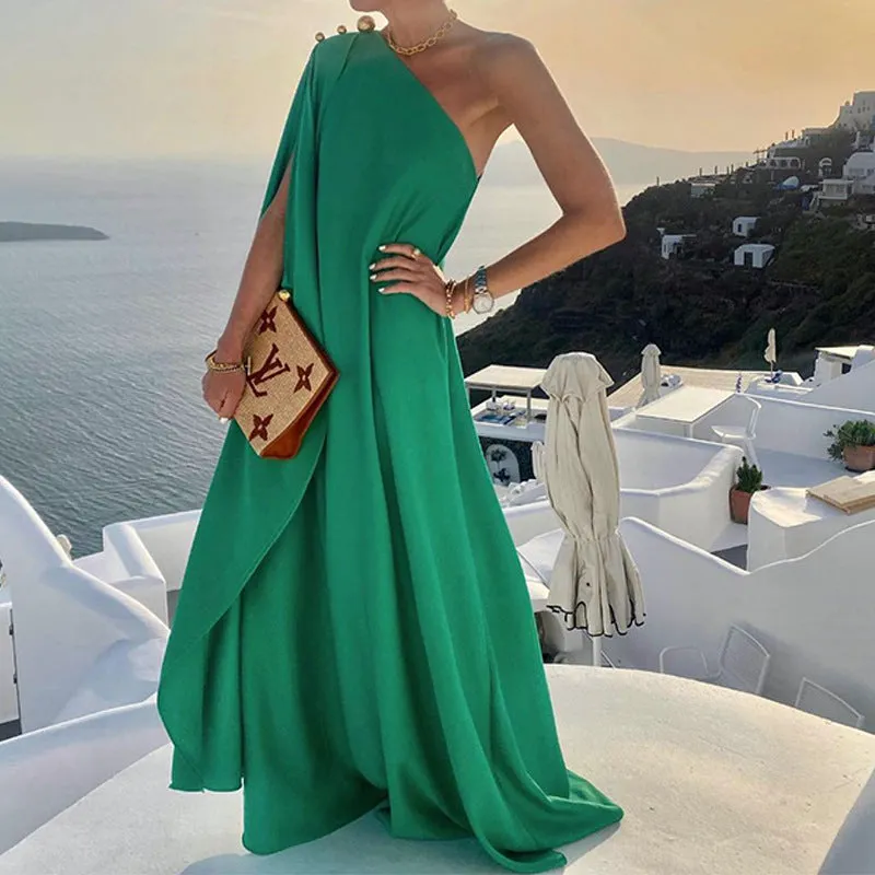 Elegant Solid Color Loose One-Shoulder Maxi Dress