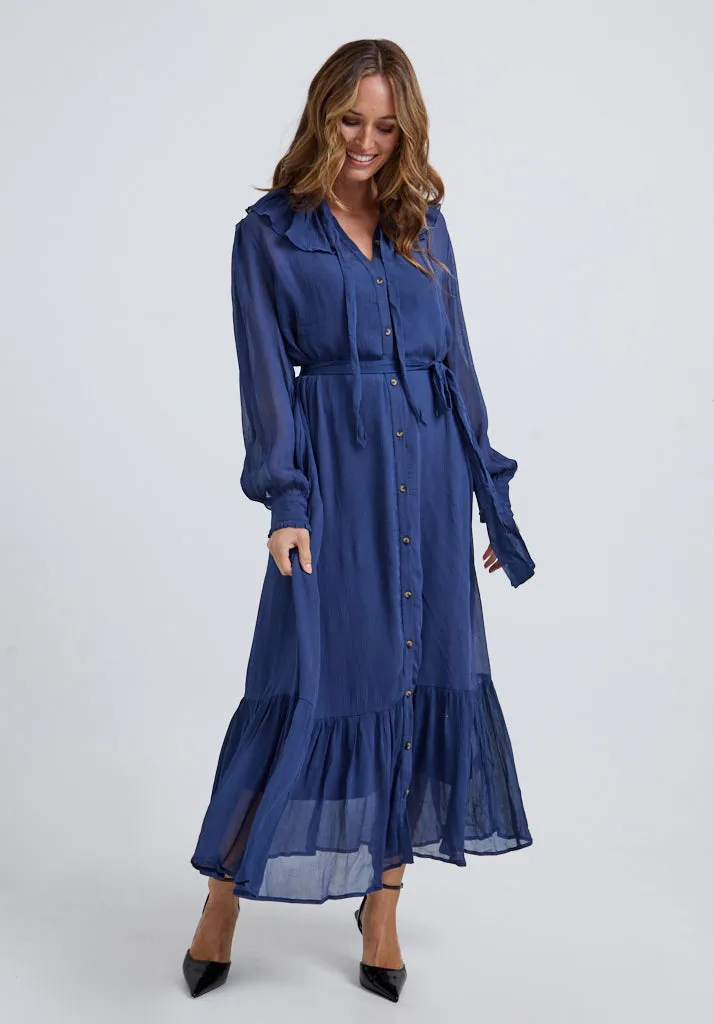 Eloise Tiered Hem Midi Dress In Blue