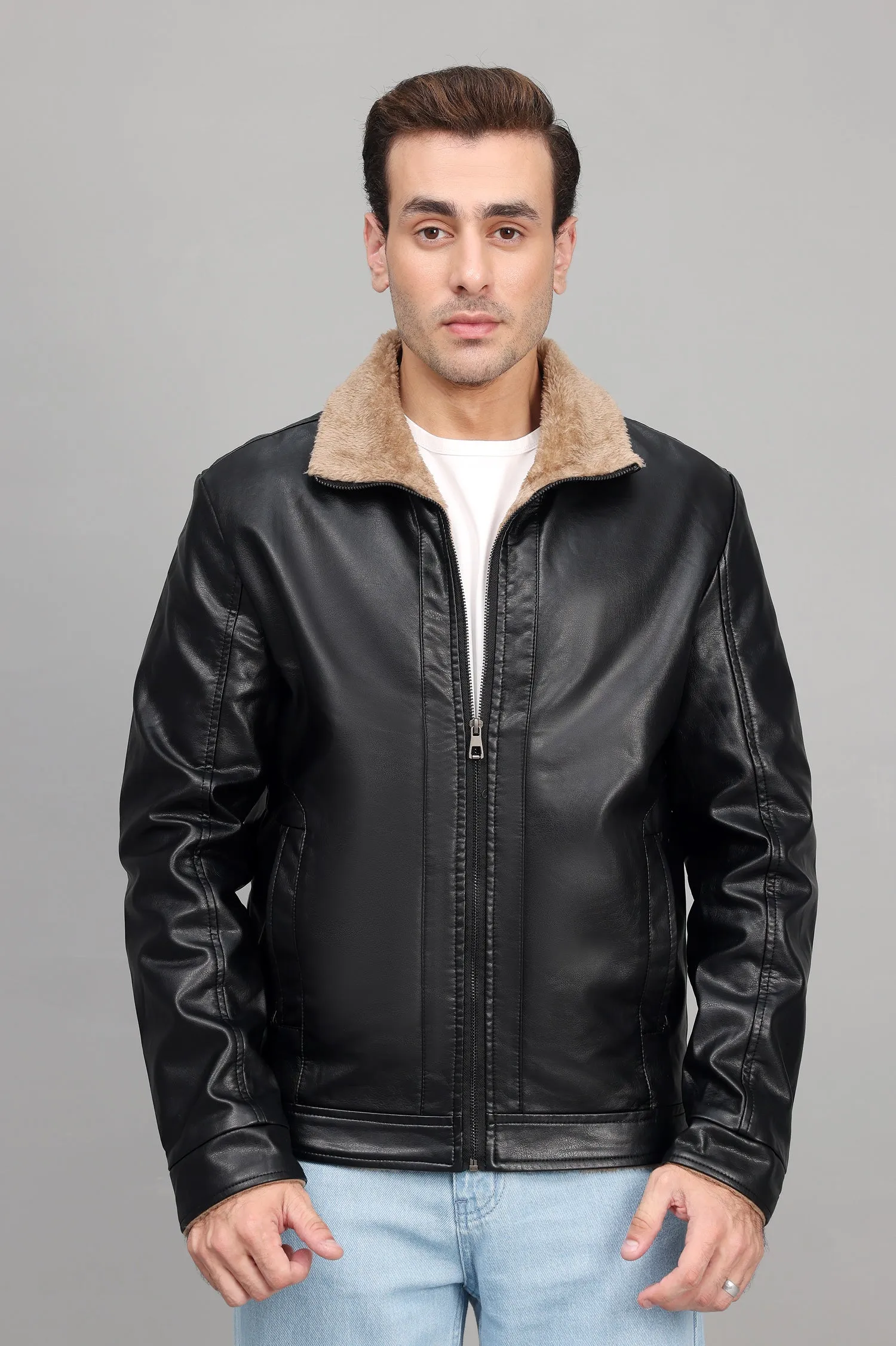 FAUX FUR COLLAR LEATHER JACKET-BLACK