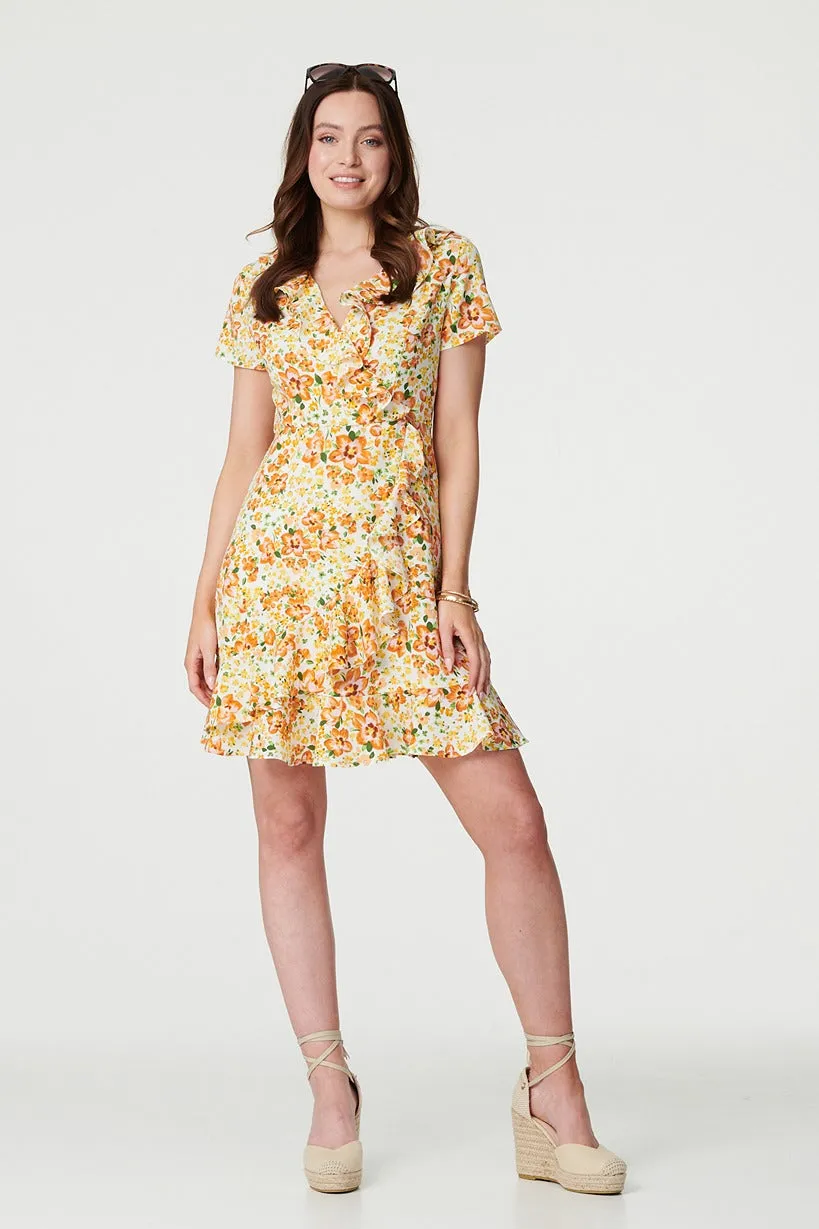 Floral Print Ruffle Wrap Dress