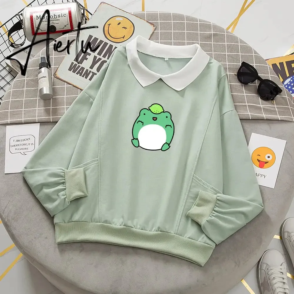 Frog Swearshirt Aesthetic Harajuku Oversize Hoodies Women Graphic Cotton Sweatshirt Funny Hoodie with Pocket Clothes for Teens