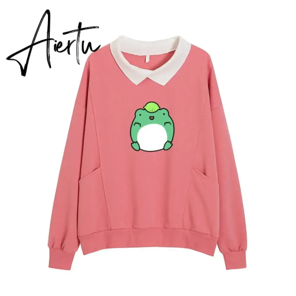 Frog Swearshirt Aesthetic Harajuku Oversize Hoodies Women Graphic Cotton Sweatshirt Funny Hoodie with Pocket Clothes for Teens