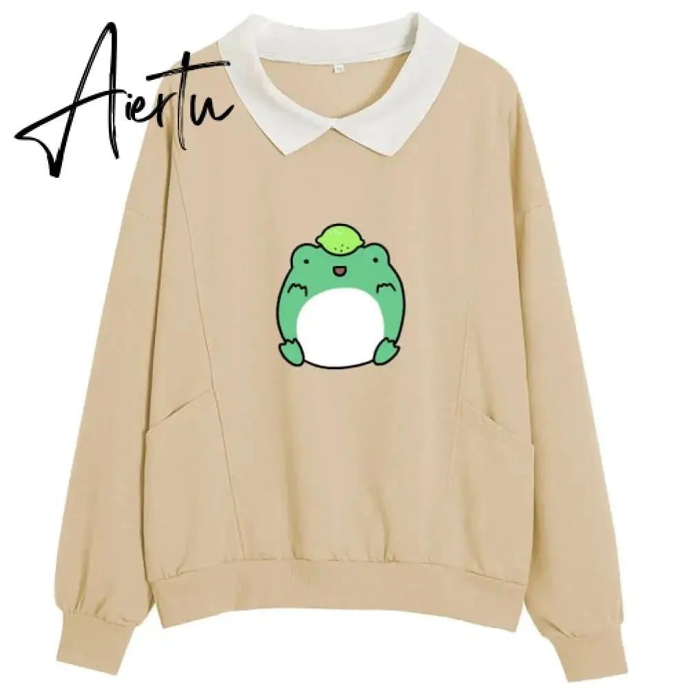 Frog Swearshirt Aesthetic Harajuku Oversize Hoodies Women Graphic Cotton Sweatshirt Funny Hoodie with Pocket Clothes for Teens