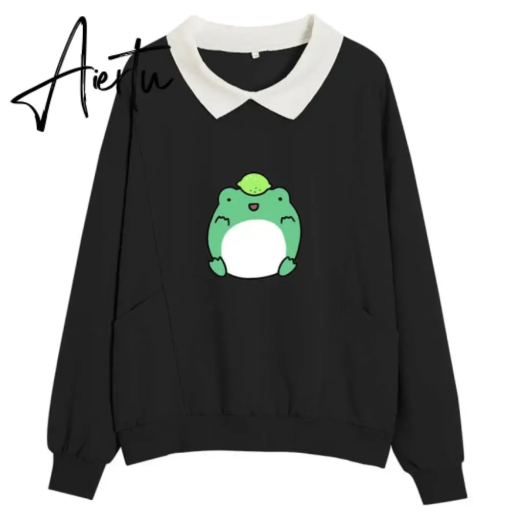 Frog Swearshirt Aesthetic Harajuku Oversize Hoodies Women Graphic Cotton Sweatshirt Funny Hoodie with Pocket Clothes for Teens