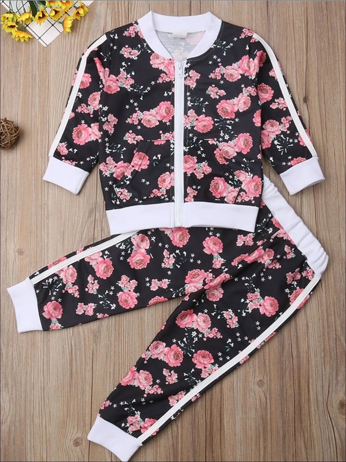 Girls Fall Casual Floral Print Sweatshirt And Jogger Pants Set