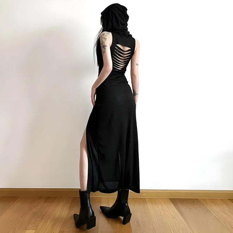 Goth Hooded Cut Out Back Midi Dress