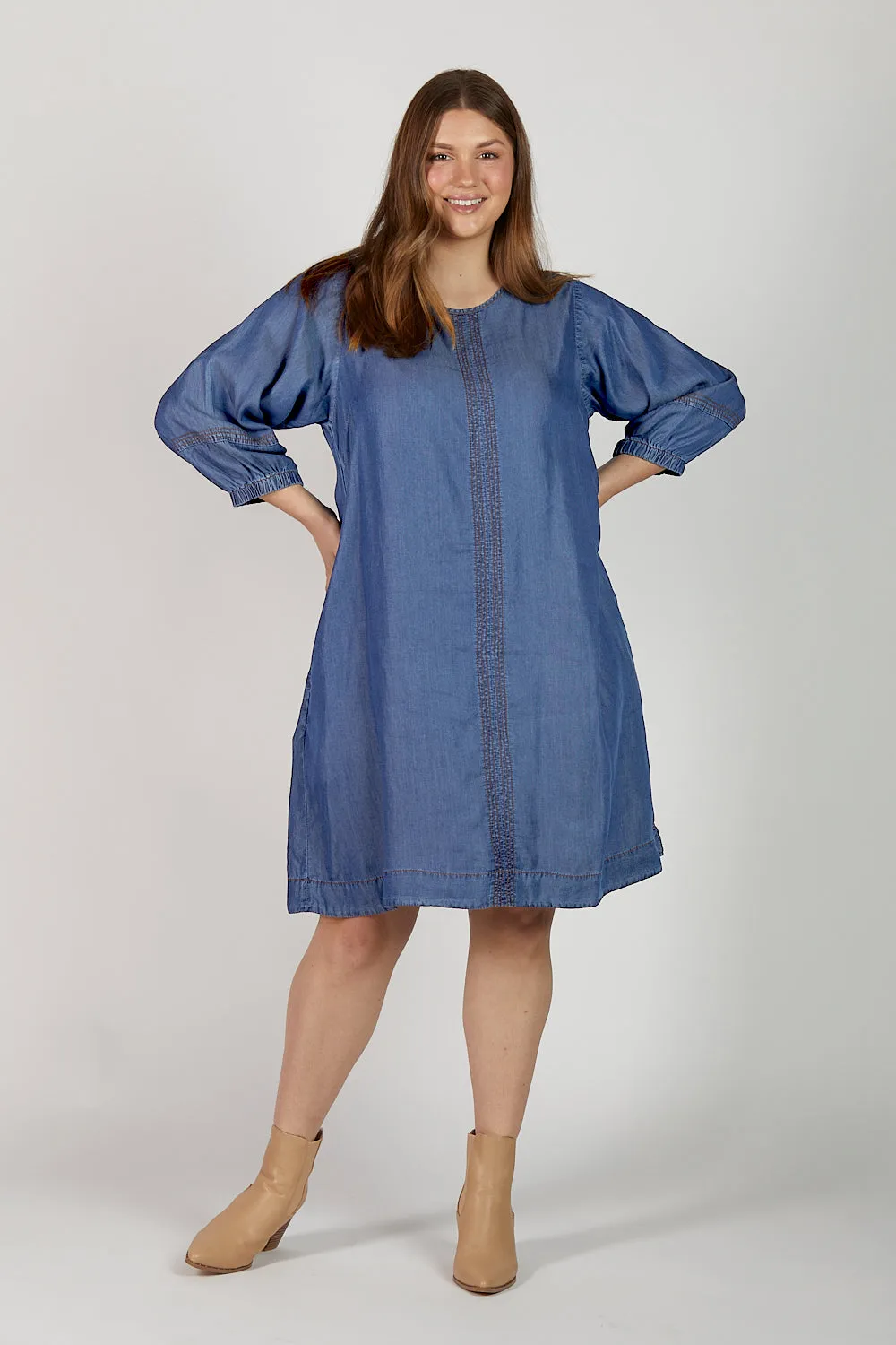 Hazel Short Shift Tencel Dress in Mid Wash