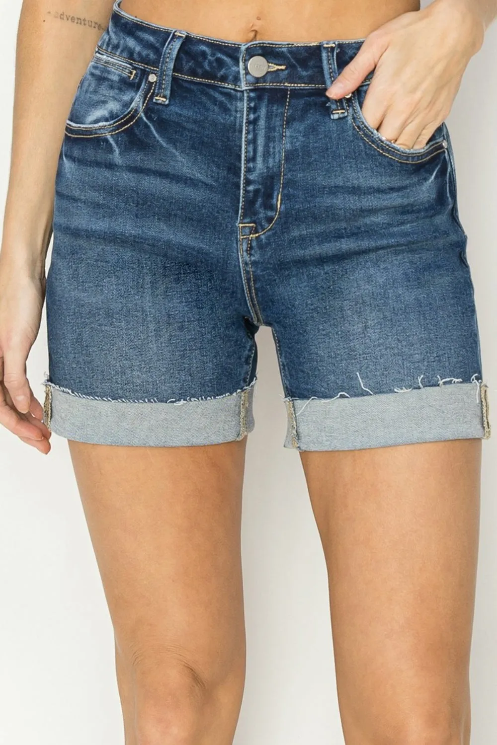 High Rise Cuffed Denim Shorts