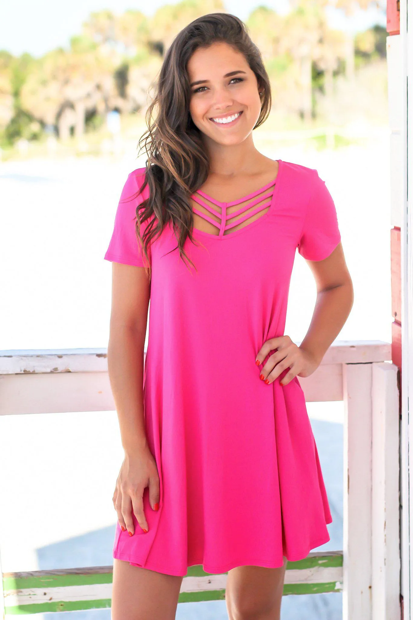 Hot Pink Short Sleeve Strappy Short Dress