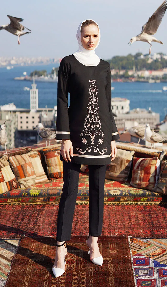 Isabel Floral Embroidered Long Tunic - Black