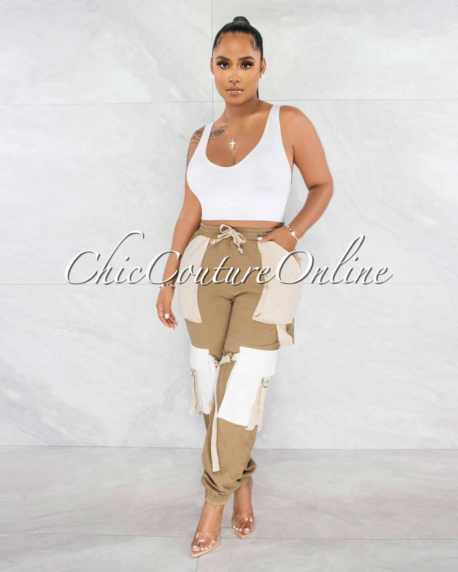 *Juniva Nude Tones Silver Buckles Cargo Jogger Pants