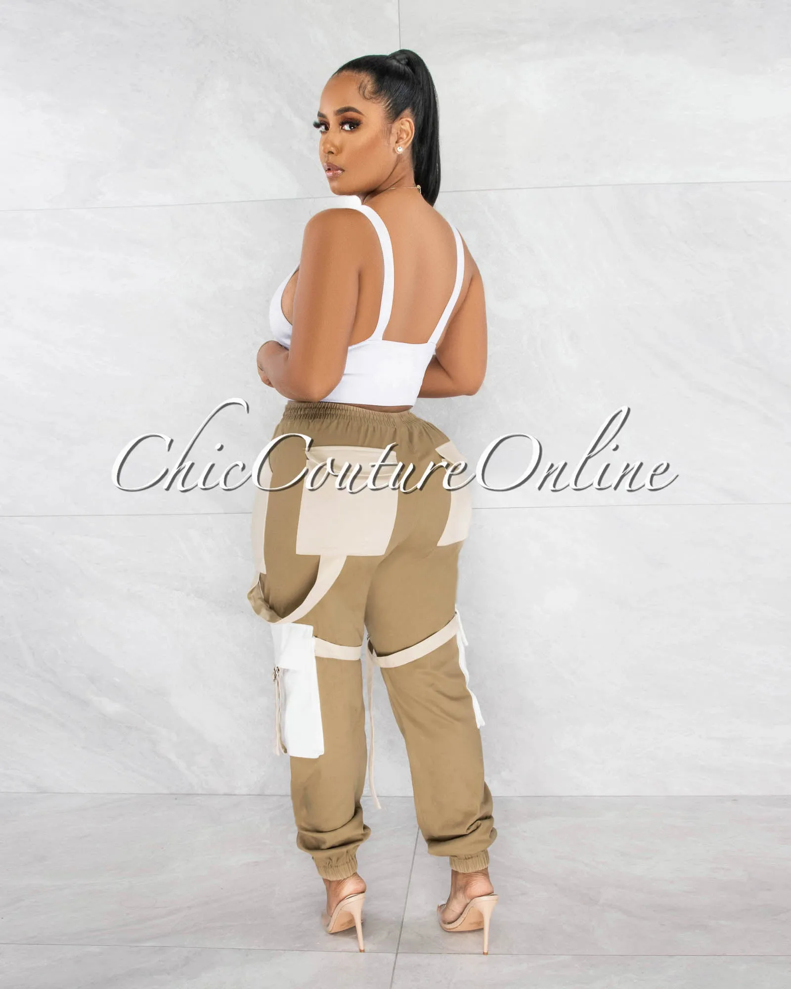 *Juniva Nude Tones Silver Buckles Cargo Jogger Pants