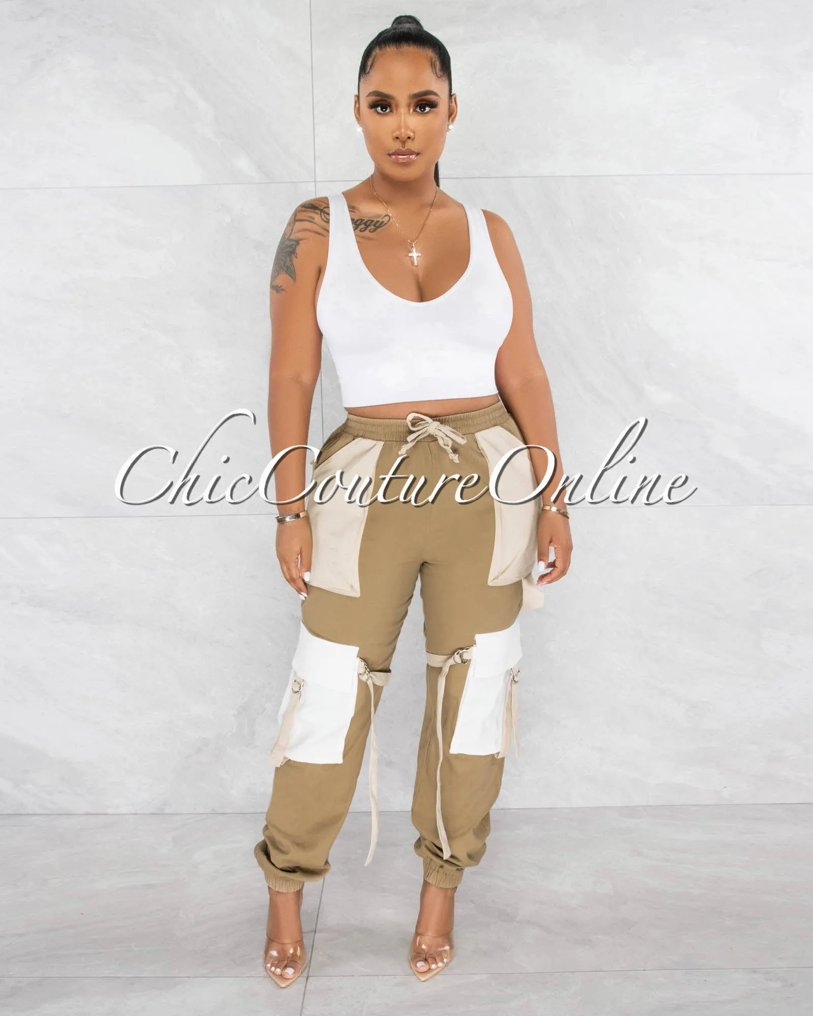 *Juniva Nude Tones Silver Buckles Cargo Jogger Pants