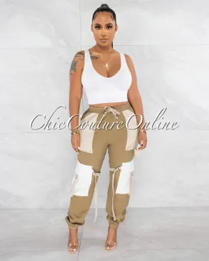 *Juniva Nude Tones Silver Buckles Cargo Jogger Pants