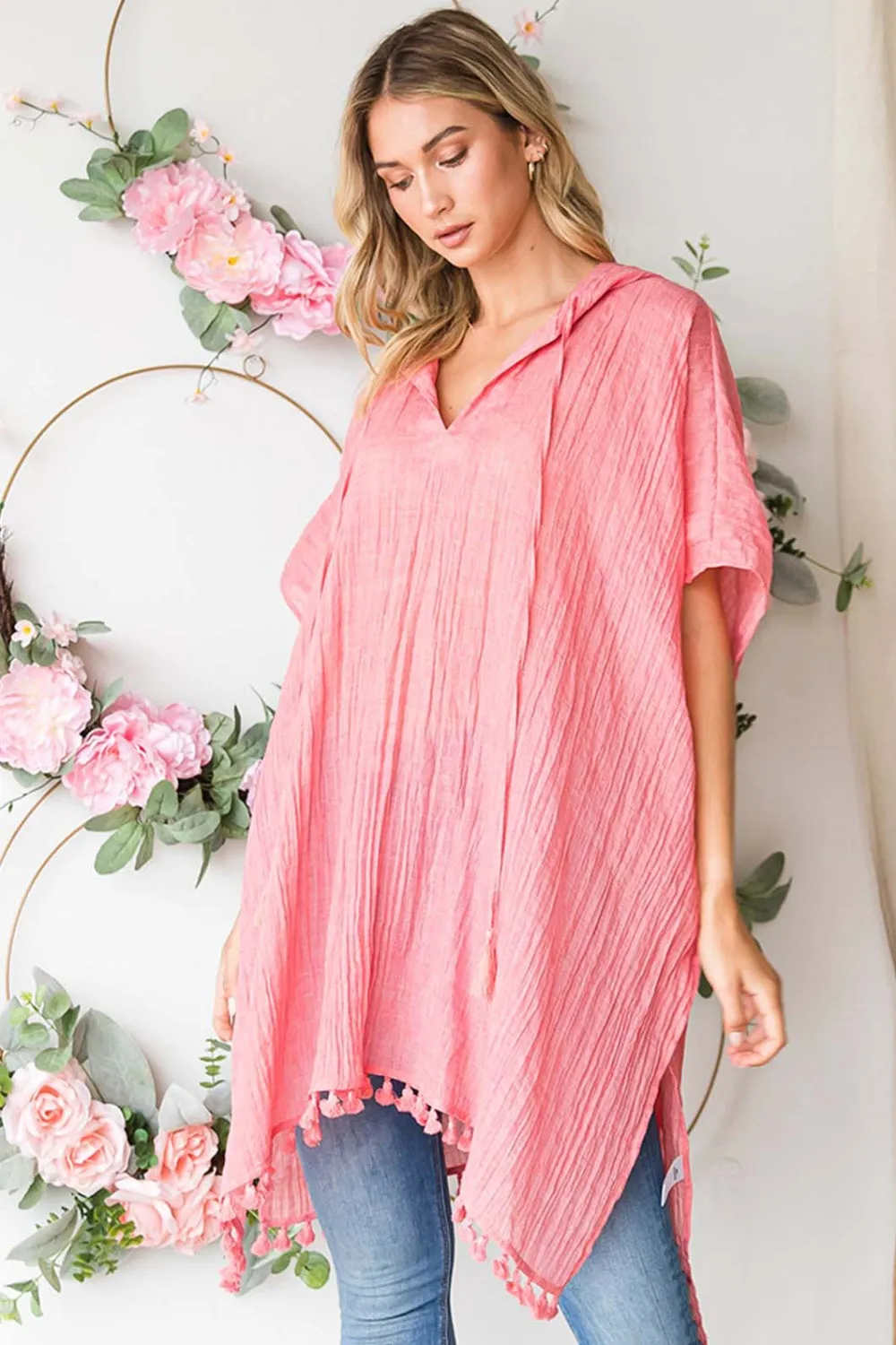 Label Tassel Hem Hooded Cover Up