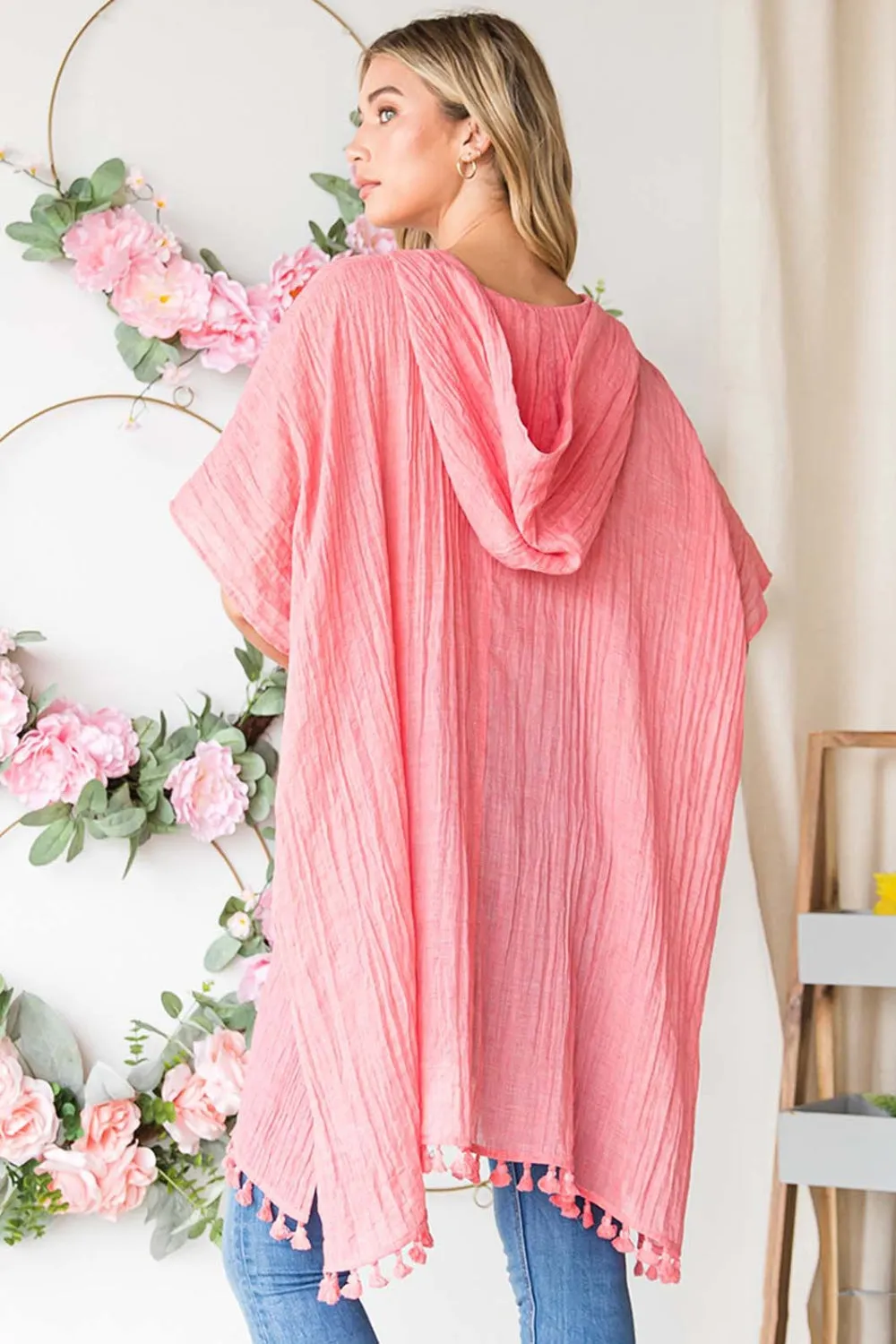 Label Tassel Hem Hooded Cover Up